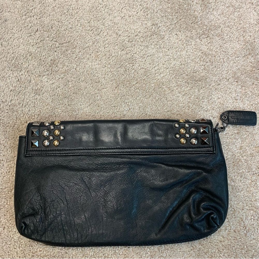 Danier Black leather silver gold tone studded embellished evening clutch purse - Picture 2 of 8